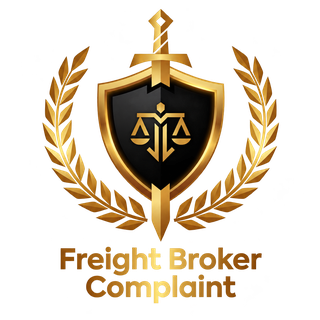 Freight Broker Complaint logo: gold sword behind a black shield with scales of justice, inside a gold laurel