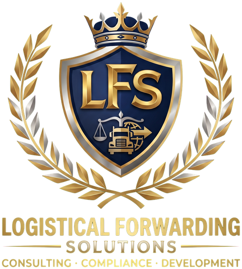 Logistical Forwarding Solutions logo: crowned navy shield with gold LFS, laurel and the company name