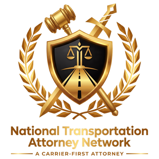 National Transportation Attorney Network logo: gold gavel and sword crossed behind a black shield with scales of justice over a highway, inside a gold laurel