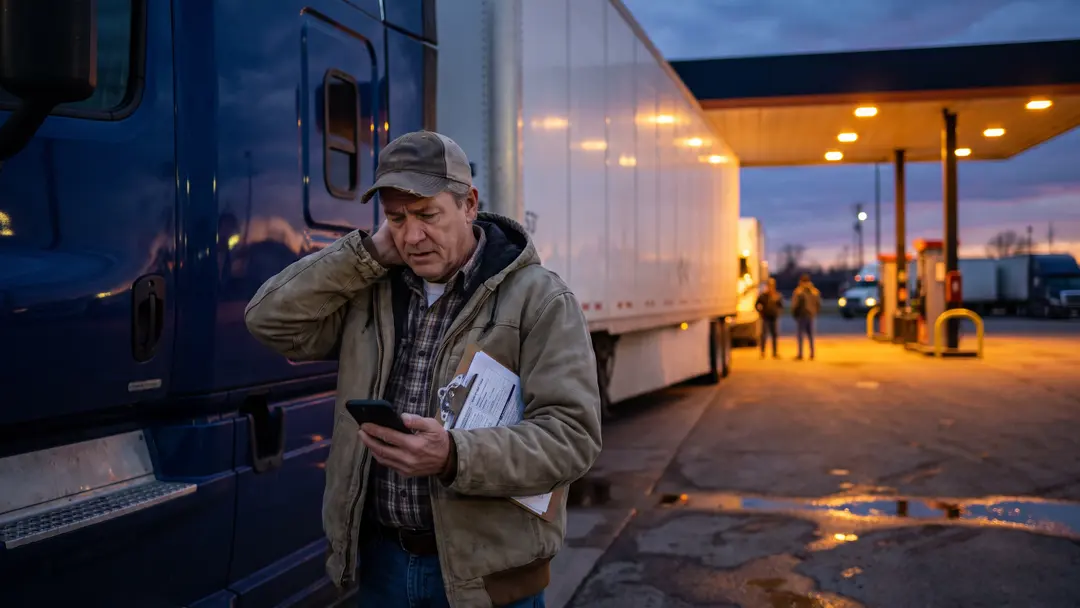 Owner-operator at a truck stop at dusk checking his phone after a load he delivered went unpaid