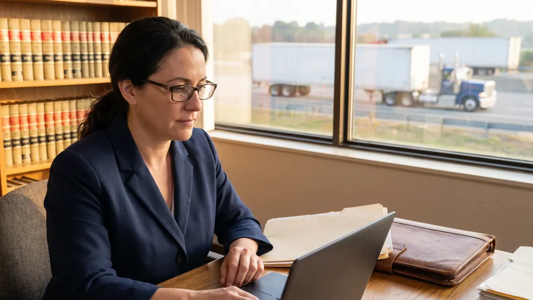 Transportation attorneys who represent carriers Transportation attorney reviewing a trucking case at her desk with an interstate and semi trucks outside her window