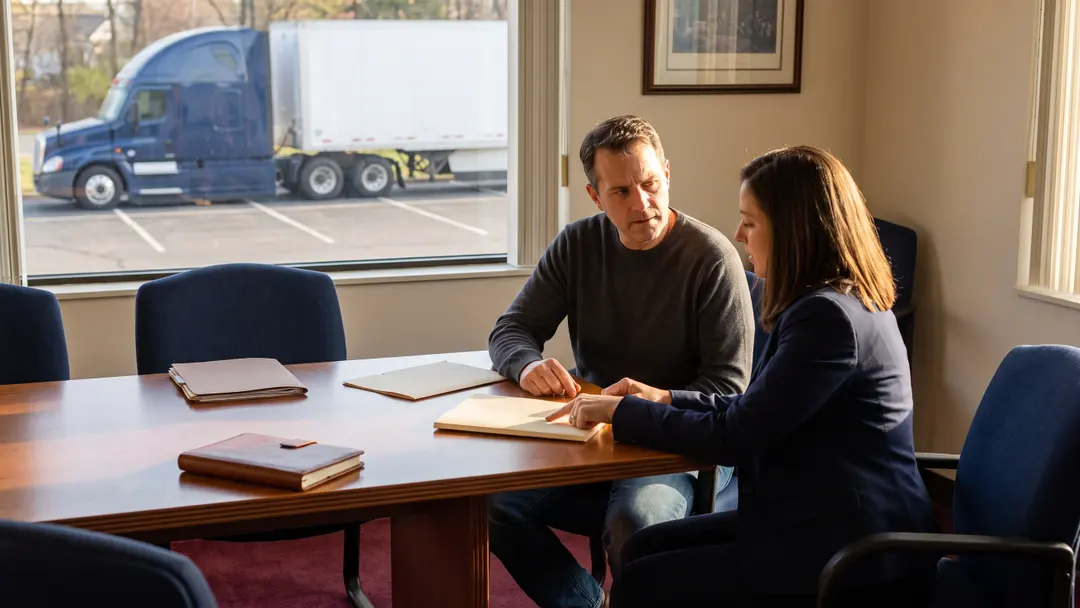 Transportation attorney for carriers Trucking company owner meeting a transportation attorney at a conference table about his case