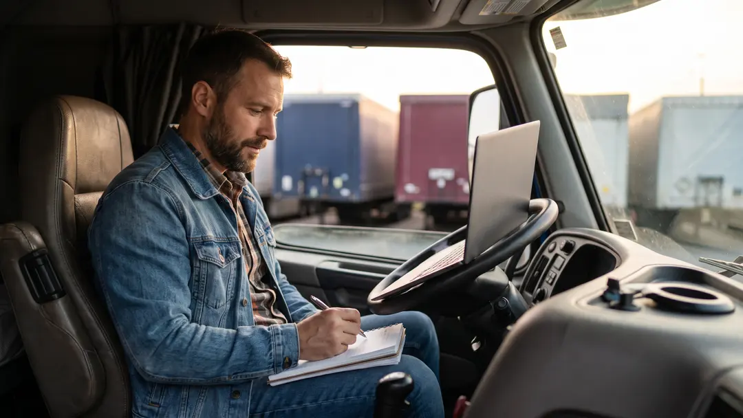Verify before you book a load Trucking company owner in his cab checking a broker on a laptop before booking a load